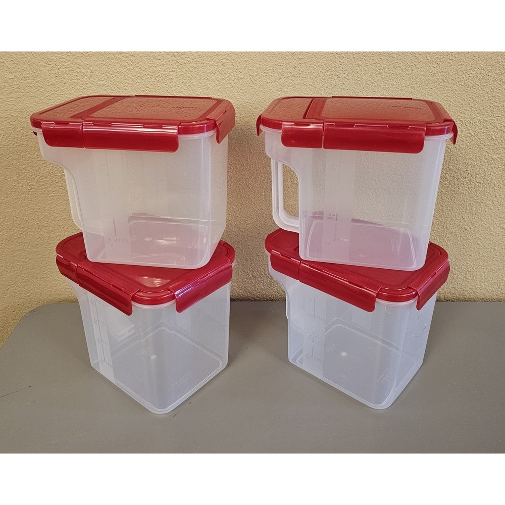 Lock&Lock Red Snap Hindged Lids Clear Storage Containers Set Of 4 2.6qt